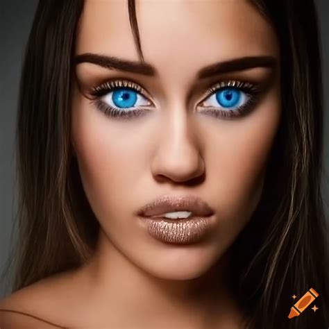 Portrait Of A Beautiful Woman With Tan Skin And Blue Catlike Eyes On
