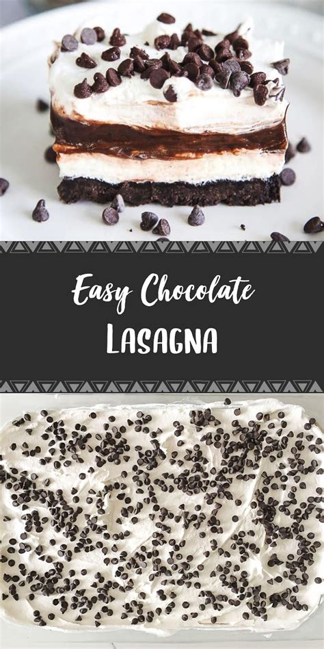 This delicious chocolate lasagna is made on an oreo crust with layers of cream cheese, chocolate pudding and finished with a whipped . Easy Chocolate Lasagna | Chocolate lasagna, Dessert ...