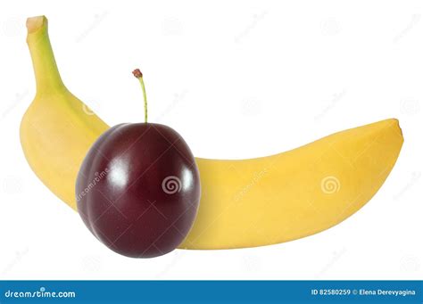 Banana And Plum Isolated On White With Clipping Path Stock Image