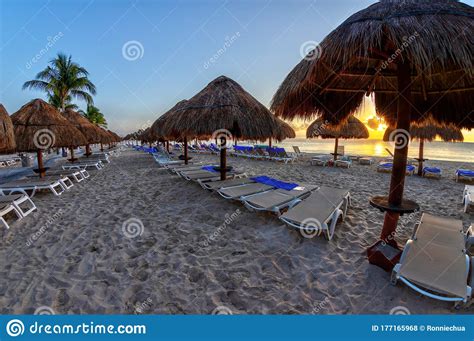 Golden Sunrise At A Caribbean Beach Vacation In Cancun Mexico Stock