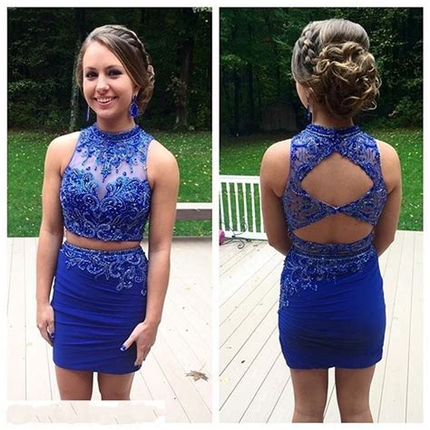 Royal Blue Tight Homecoming Dresses Two Piece Modest Prom Dresses Sleeveless Backless Mini