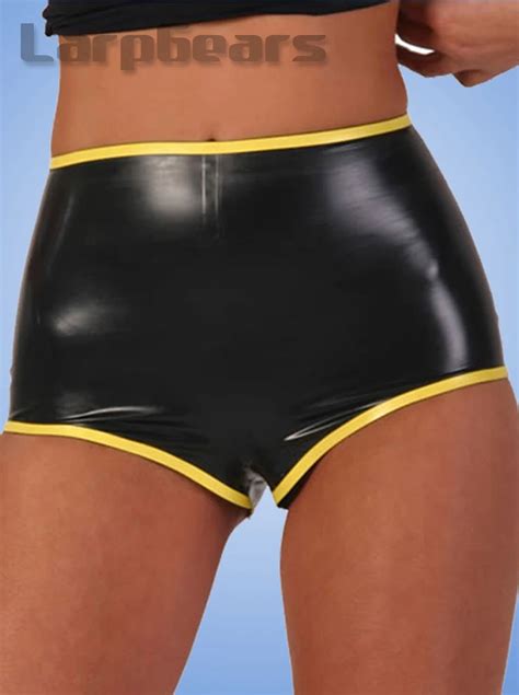 handmade sexy woman latex lingerie rubber black with yellow latex panties shorts in panties