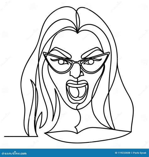 Screaming Woman In Eyeglasses One Line Art Portrait Unhappy Female
