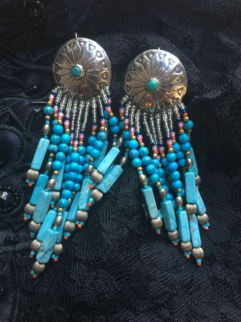 Navajo Sterling Concho Beaded Earrings Turquoise Snake Eye Etsy