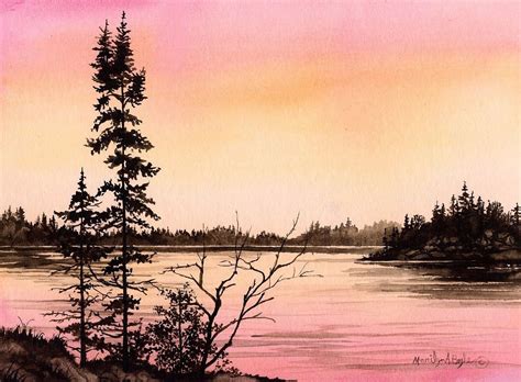 Watercolor Original Painting Wall Art Landscape Scene Sunset Lake