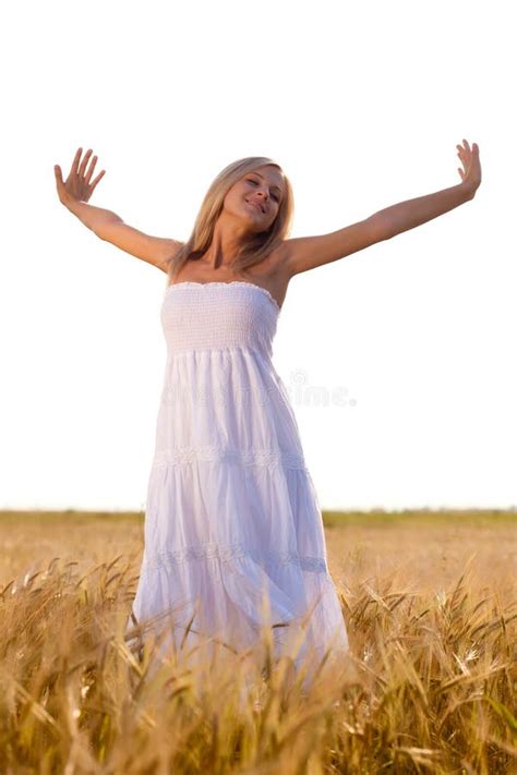 Happy Girl Running In Yellow Flower Field Stock Image Image Of Blond