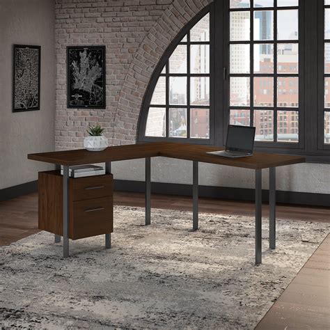60w L Shaped Desk With Drawers In Modern Walnut