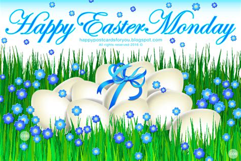 Postcard Happy Easter Monday With Egg And Blue Flowers Free Download