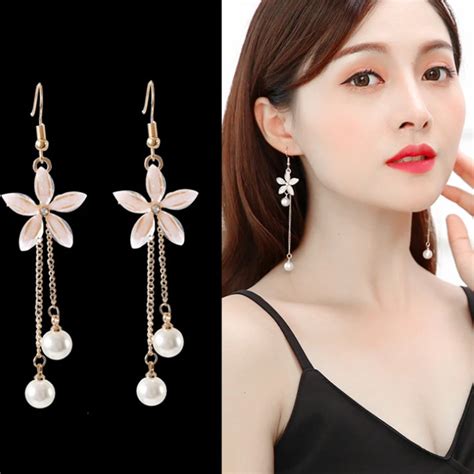 Xipishi Long Pearl Tassel Flower Earrings For Women Fashion Chain