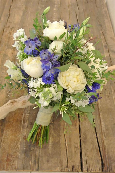 Bridal Bouquet With Blue Delphiniums Peonies Stocks Phloxsweetpeas