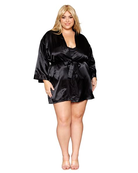 Plus Size Satin Robe And Chemise Set In Black Dreamgirl