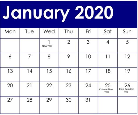 January 7 2020 Calendar Calendar Printables Free Templates