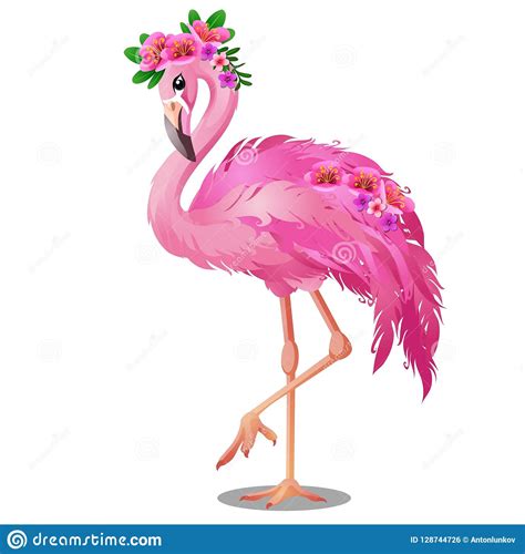Beautiful Bird Pink Flamingo With Flowers Isolated On