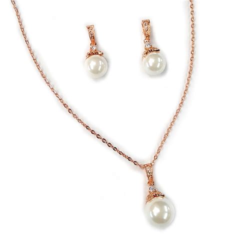 Rose gold pearl necklace, rose peach crystal necklace, swarovski, silver, gold, rose gold, simple bridesmaid necklace, gifts for her, bridal wedding jewelry gifts, www.glitzandlove.com. Rose Gold Ivory Pearl & CZ Pendant Jewelry Set 8602
