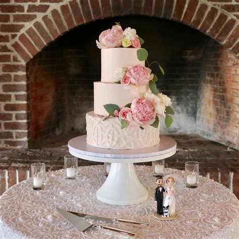 Blush Pink Buttercream Wedding Cake With Fondant Pattern By Sablée