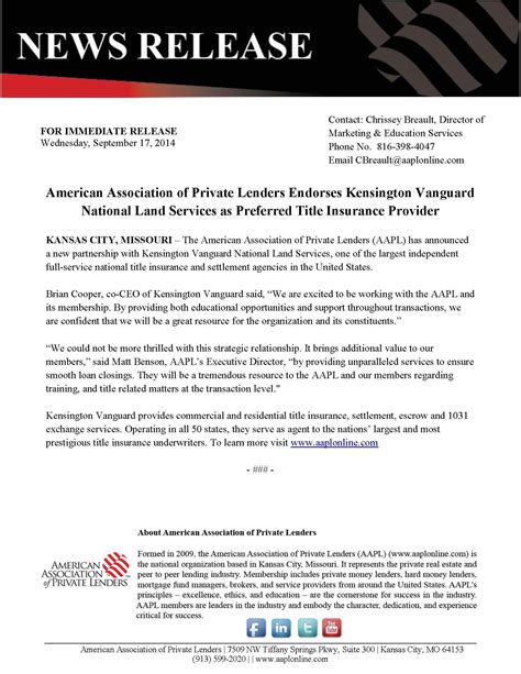 A homeowner's title insurance policy offers forms of protection against various types of claims against the title and ownership to the property. Press Release: American Association of Private Lenders Endorses Kensington Vanguard National ...