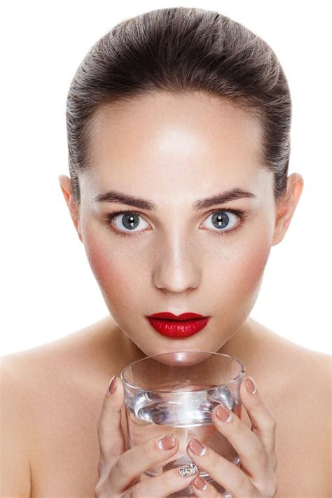 Beauty Portrait Of Pretty Girl With Natural Makeup And Glass Of Stock