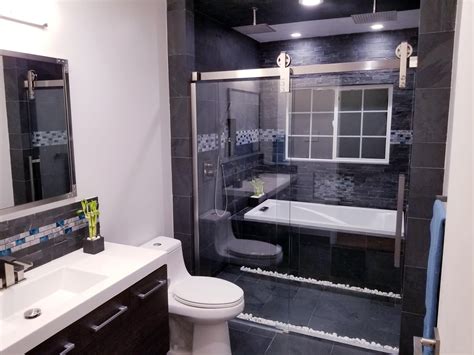 We can refinish the bathtub rather than getting a new one. Modern Slate and Glass Bathroom - First bathroom I have designed and built myself. Style is not ...