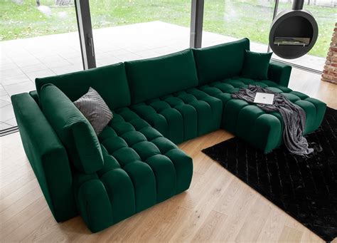 Confort Design Canapé panoramique Bonito velours vert foncé