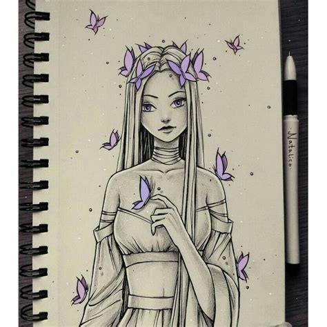 Срисовка в скетчбук девушка с длинными волосами и сиреневыми бабочками