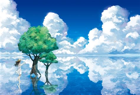 Sea Clouds Trees Anime Girls Original Characters