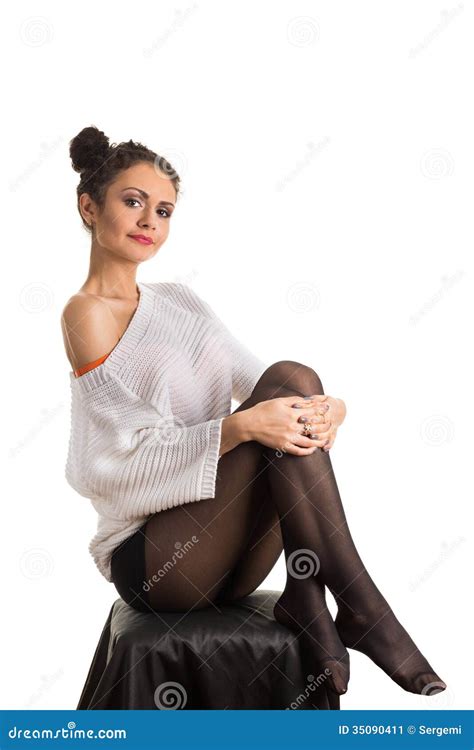 A Girl Sits Hugging Her Knees Stock Image Image Of Pullover Lips 35090411