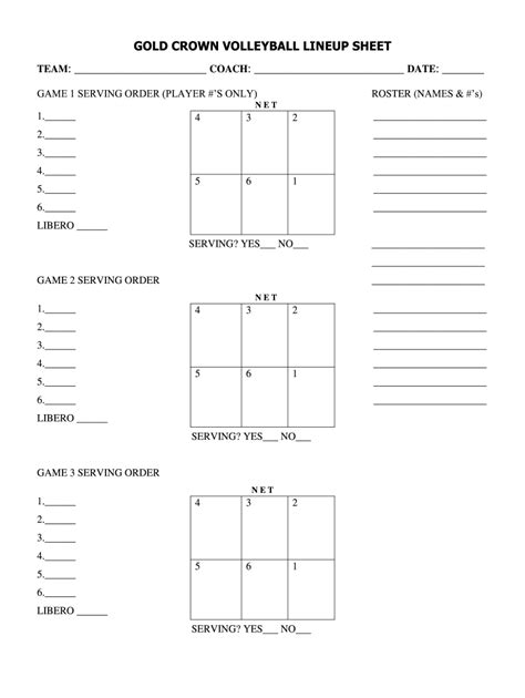 Gold Crown Volleyball Lineup Sheet Fill And Sign Printable Template