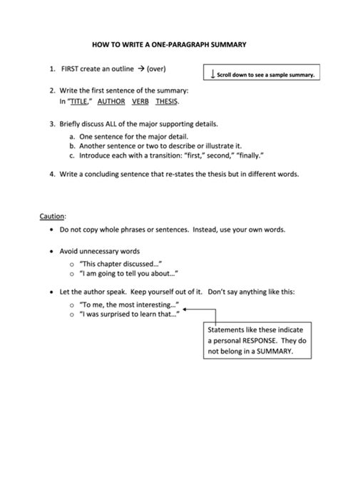 How To Write A One Paragraph Summary Printable Pdf Download