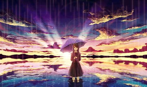 Crying Girl Tears Umbrella Anime Girl Sunset Rain School Girl