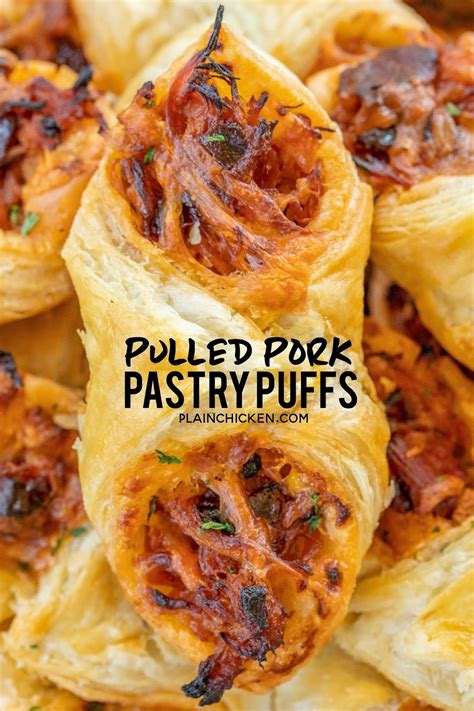 Braise your own pork with the onion powder, garlic powder, chili powder, and water for 6 hours in a crock pot on low (or buy your favorite pulled bbq). Pulled Pork Pastry Puffs - only 4 ingredients! Great ...