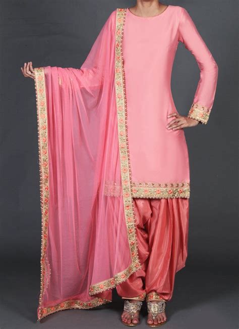 Peach Dhupioni Silk Punjabi Suit Features A Taffeta Silk Kameez With Santoon Inner Santoon