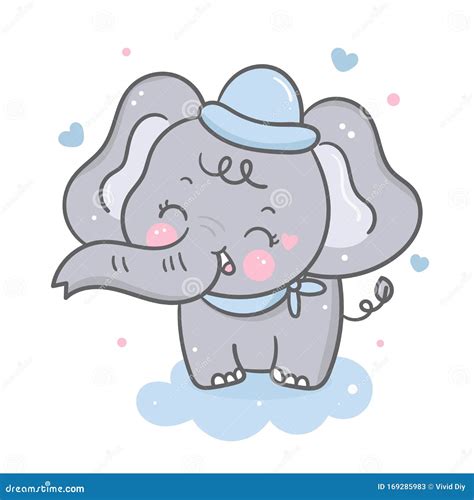 Cute Elephant Cartoon On Cloud Kawaii Animal Baby Shower Boy Stock