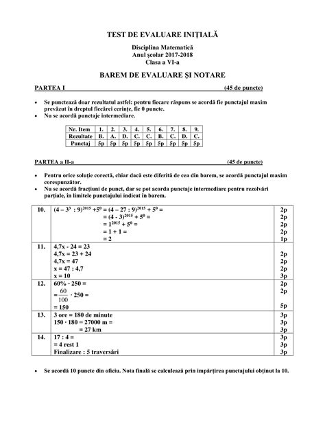 Test Initial Matematica Clasa A 6 A Rezolvare Barem De