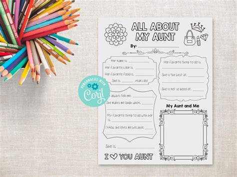 All About My Aunt Printable Mothers Day T Mothers Day Activity Kid