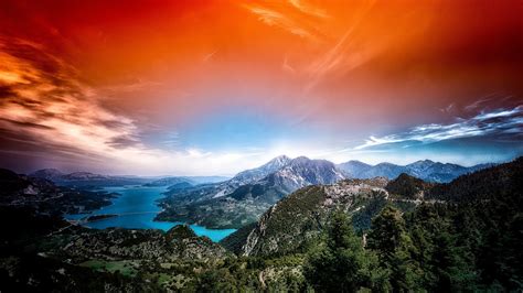 Photography Nature Landscape Mountains Lake Red Sky