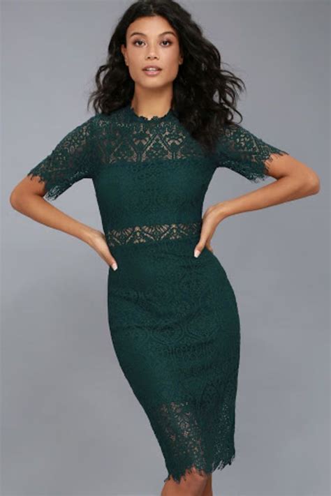 Remarkable Forest Green Sheer Lace Short Sleeve Mini Dress Green Lace