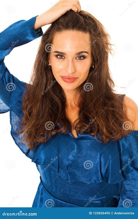 Beautiful Brunette Woman In Blue Dress Stock Image Image Of