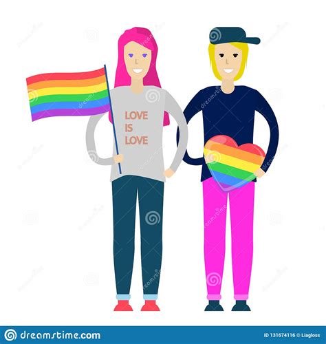 Young Lesbian Couple With Rainbow Flag And Rainbow Heart Lgbt Romantic Relationships And Love