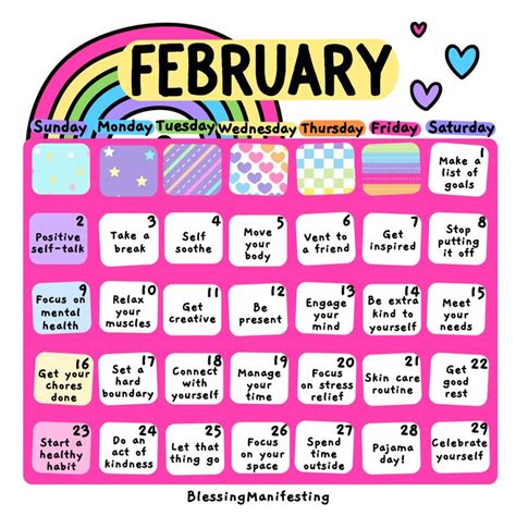 February Self Care Calendar Self Love Rainbow Care Calendar