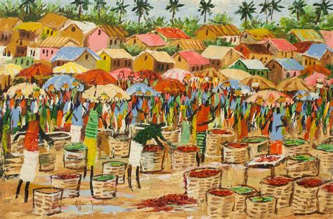 Signed Art Impressionist Painting Of A Ghanaian Market Scene Market