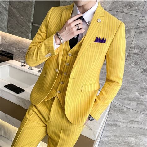 Plyesxale Pink Yellow Striped Men Suits For Wedding 2020 Slim Fit Three