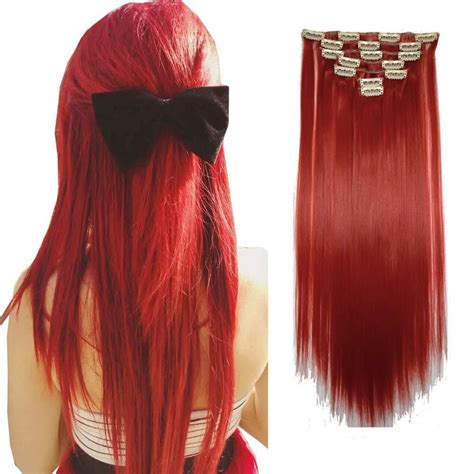 iluu high temperature heat resistant synthetic straight red hair extension clip on