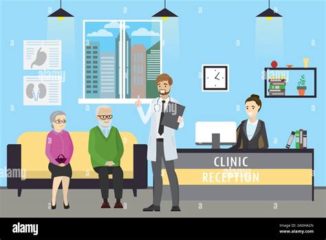 Clinic Reception Doctor And Old Caucasian Patientsafrican American Receptionist Cartoon