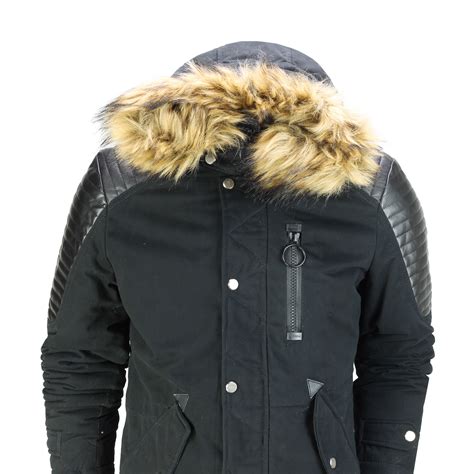 Mens Winter Jacket Warm Padded Faux Leather Retro Biker Style Fur Hood Parka | eBay