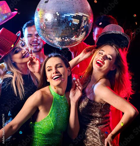 Dance Party With Group People Dancing Women And Men Have Fun In Night Club Happy Girl On