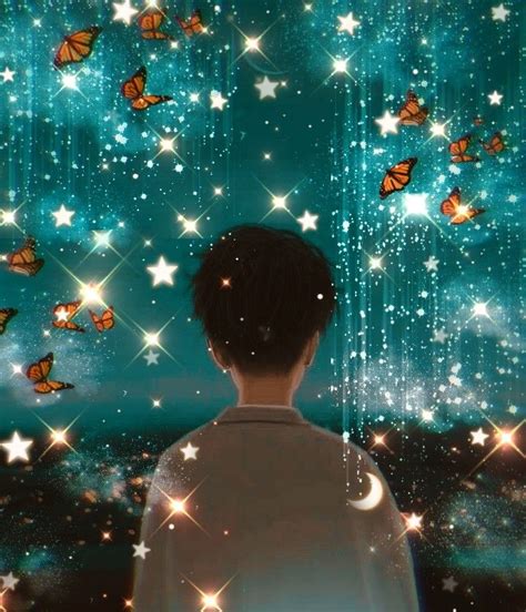 A Boy Looking At The Stars And Butterflies In The Sky With His Back To