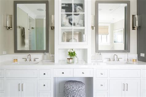 White Bathroom Vanity With Gray Mirror Transitional