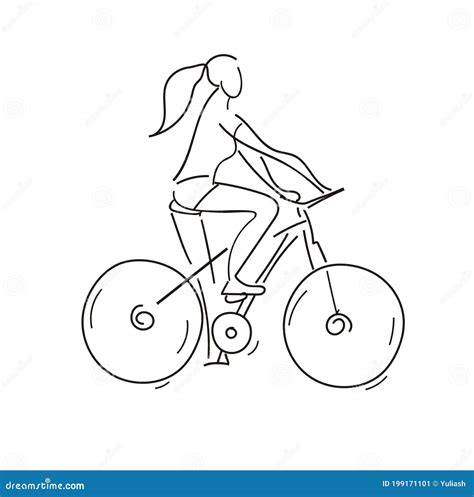Girl Riding A Bike Cycling Sketch Outline Illustration Line Art Hand Drawn Active Lifestyle