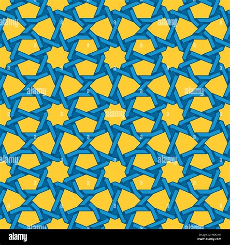 Vector Seamless Blue Yellow Islamic Interlacing Line Star Geometric