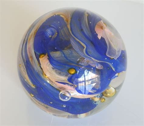 Large Hand Blown Art Glass Swirled Bubble Blue Gold Paperweight 3 18